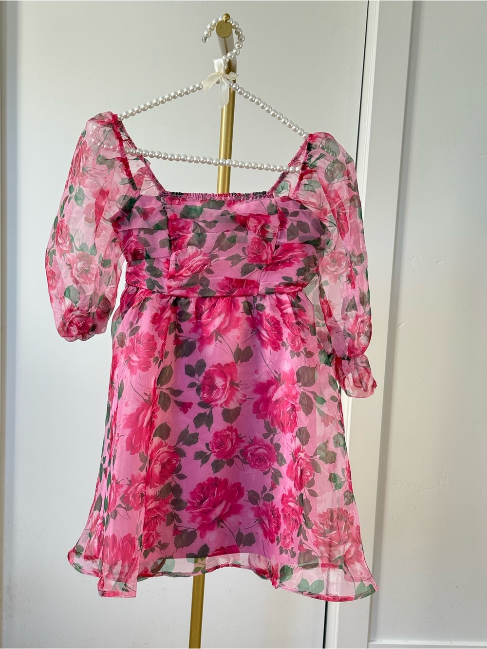 Pink Rose Floral Organza Puff Sleeve Mini Dress